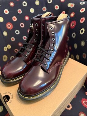 Dr. Martens 8-Eye Lace-Up Boots in Cherry/Bordeaux Patent: Men/Women